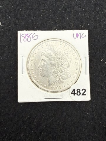 1885 UNC Morgan Silver Dollar Coin: KEY WORDS: INDIAN ARTIFACT ARTIFACTS ARROWHEAD ARROWHEADS NATIVE AMERICAN MISSISSIPPIAN QUAPAW CADDO POTTERY COINS MORGAN DOLLAR PEACE DOLLAR SILVER COINS. All coins have been Sigma tested for authent
