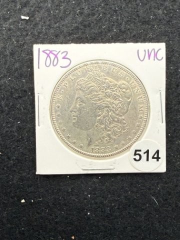 1883 UNC Morgan Silver Dollar Coin: KEY WORDS: INDIAN ARTIFACT ARTIFACTS ARROWHEAD ARROWHEADS NATIVE AMERICAN MISSISSIPPIAN QUAPAW CADDO POTTERY COINS MORGAN DOLLAR PEACE DOLLAR SILVER COINS. All coins have been Sigma tested for authent