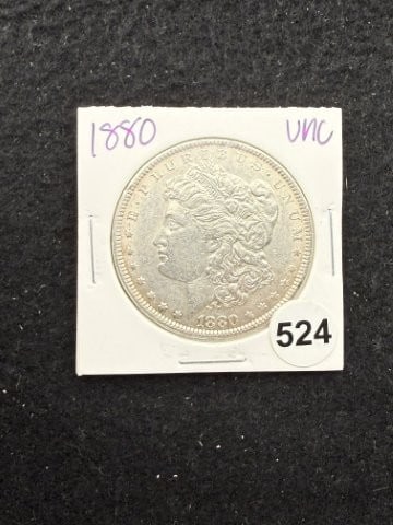 1880 UNC Morgan Silver Dollar Coin: KEY WORDS: INDIAN ARTIFACT ARTIFACTS ARROWHEAD ARROWHEADS NATIVE AMERICAN MISSISSIPPIAN QUAPAW CADDO POTTERY COINS MORGAN DOLLAR PEACE DOLLAR SILVER COINS. All coins have been Sigma tested for authent