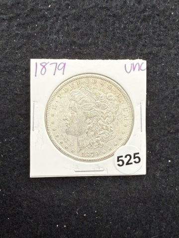1879 UNC Morgan Silver Dollar Coin: KEY WORDS: INDIAN ARTIFACT ARTIFACTS ARROWHEAD ARROWHEADS NATIVE AMERICAN MISSISSIPPIAN QUAPAW CADDO POTTERY COINS MORGAN DOLLAR PEACE DOLLAR SILVER COINS. All coins have been Sigma tested for authent