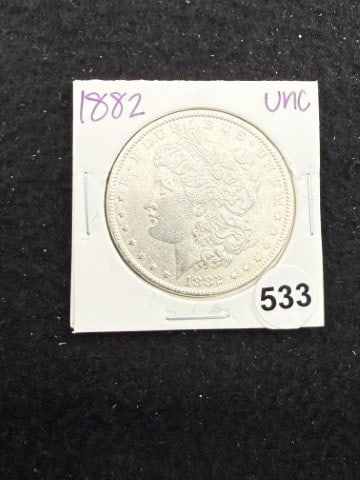 1882 UNC Morgan Silver Dollar Coin: KEY WORDS: INDIAN ARTIFACT ARTIFACTS ARROWHEAD ARROWHEADS NATIVE AMERICAN MISSISSIPPIAN QUAPAW CADDO POTTERY COINS MORGAN DOLLAR PEACE DOLLAR SILVER COINS. All coins have been Sigma tested for authent