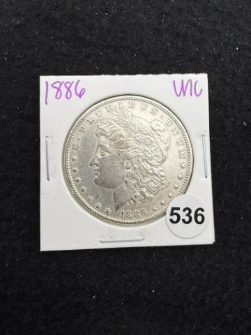 1886 UNC Morgan Silver Dollar Coin: KEY WORDS: INDIAN ARTIFACT ARTIFACTS ARROWHEAD ARROWHEADS NATIVE AMERICAN MISSISSIPPIAN QUAPAW CADDO POTTERY COINS MORGAN DOLLAR PEACE DOLLAR SILVER COINS. All coins have been Sigma tested for