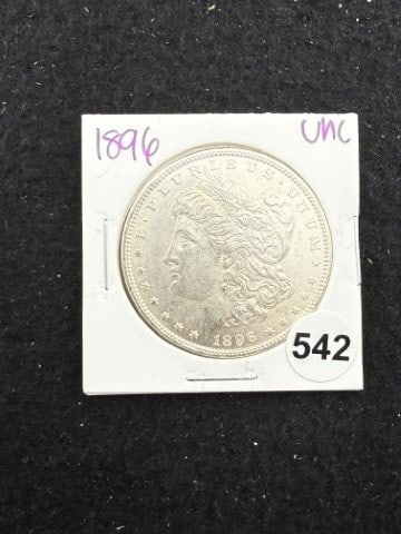 1896 UNC Morgan Silver Dollar Coin: KEY WORDS: INDIAN ARTIFACT ARTIFACTS ARROWHEAD ARROWHEADS NATIVE AMERICAN MISSISSIPPIAN QUAPAW CADDO POTTERY COINS MORGAN DOLLAR PEACE DOLLAR SILVER COINS. All coins have been Sigma tested for