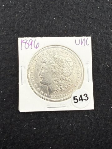 1896 UNC Morgan Silver Dollar Coin: KEY WORDS: INDIAN ARTIFACT ARTIFACTS ARROWHEAD ARROWHEADS NATIVE AMERICAN MISSISSIPPIAN QUAPAW CADDO POTTERY COINS MORGAN DOLLAR PEACE DOLLAR SILVER COINS. All coins have been Sigma tested for