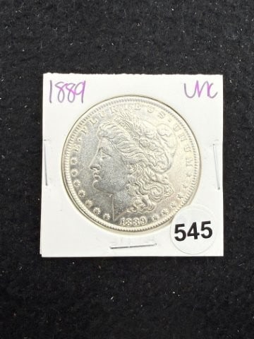 1889 UNC Morgan Silver Dollar Coin: KEY WORDS: INDIAN ARTIFACT ARTIFACTS ARROWHEAD ARROWHEADS NATIVE AMERICAN MISSISSIPPIAN QUAPAW CADDO POTTERY COINS MORGAN DOLLAR PEACE DOLLAR SILVER COINS. All coins have been Sigma tested for
