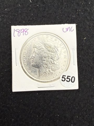 1898 UNC Morgan Silver Dollar Coin: KEY WORDS: INDIAN ARTIFACT ARTIFACTS ARROWHEAD ARROWHEADS NATIVE AMERICAN MISSISSIPPIAN QUAPAW CADDO POTTERY COINS MORGAN DOLLAR PEACE DOLLAR SILVER COINS. All coins have been Sigma tested for authent