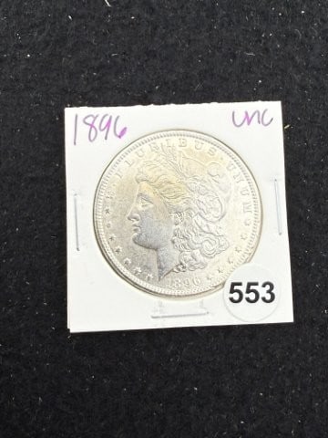 1896 UNC Morgan Silver Dollar Coin: KEY WORDS: INDIAN ARTIFACT ARTIFACTS ARROWHEAD ARROWHEADS NATIVE AMERICAN MISSISSIPPIAN QUAPAW CADDO POTTERY COINS MORGAN DOLLAR PEACE DOLLAR SILVER COINS. All coins have been Sigma tested for authent