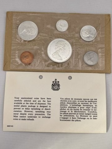 1965 Canadian Mint Coin Proof Set: KEY WORDS: INDIAN ARTIFACT ARTIFACTS ARROWHEAD ARROWHEADS NATIVE AMERICAN MISSISSIPPIAN QUAPAW CADDO POTTERY COINS MORGAN DOLLAR PEACE DOLLAR SILVER COINS. All coins have been Sigma tested for authent