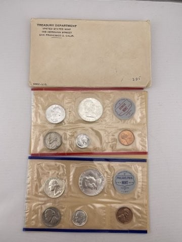 2 1962 Philadelphia & Denver Mint Coin Proof Set: KEY WORDS: INDIAN ARTIFACT ARTIFACTS ARROWHEAD ARROWHEADS NATIVE AMERICAN MISSISSIPPIAN QUAPAW CADDO POTTERY COINS MORGAN DOLLAR PEACE DOLLAR SILVER COINS. All coins have been Sigma tested for authent