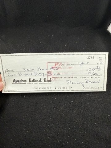 Stan Musial Hand Signed Authentic Autograph Voided Check: KEY WORDS: INDIAN ARTIFACT ARTIFACTS ARROWHEAD ARROWHEADS NATIVE AMERICAN MISSISSIPPIAN QUAPAW CADDO POTTERY COINS MORGAN DOLLAR PEACE DOLLAR SILVER COINS. All coins have been Sigma tested for authent