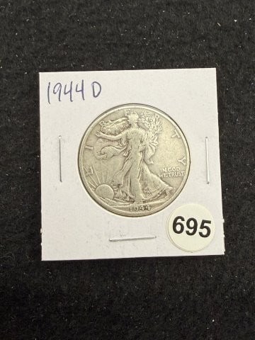 1944 D Walking Liberty Half Dollar Silver Coin: KEY WORDS: INDIAN ARTIFACT ARTIFACTS ARROWHEAD ARROWHEADS NATIVE AMERICAN MISSISSIPPIAN QUAPAW CADDO POTTERY COINS MORGAN DOLLAR PEACE DOLLAR SILVER COINS. All coins have been Sigma tested for authent