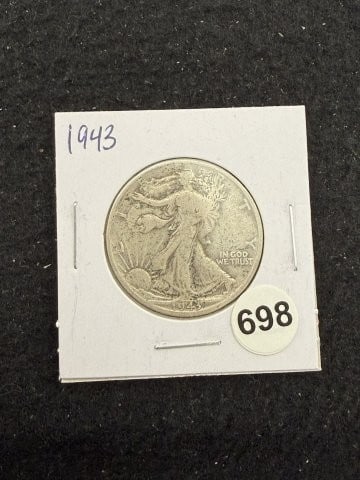 1943 Walking Liberty Half Dollar Silver Coin: KEY WORDS: INDIAN ARTIFACT ARTIFACTS ARROWHEAD ARROWHEADS NATIVE AMERICAN MISSISSIPPIAN QUAPAW CADDO POTTERY COINS MORGAN DOLLAR PEACE DOLLAR SILVER COINS. All coins have been Sigma tested for