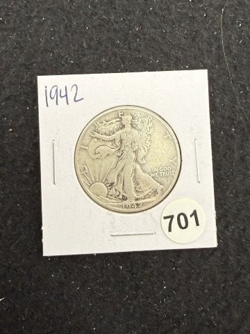 1942 Walking Liberty Half Dollar Silver Coin: KEY WORDS: INDIAN ARTIFACT ARTIFACTS ARROWHEAD ARROWHEADS NATIVE AMERICAN MISSISSIPPIAN QUAPAW CADDO POTTERY COINS MORGAN DOLLAR PEACE DOLLAR SILVER COINS. All coins have been Sigma tested for authent