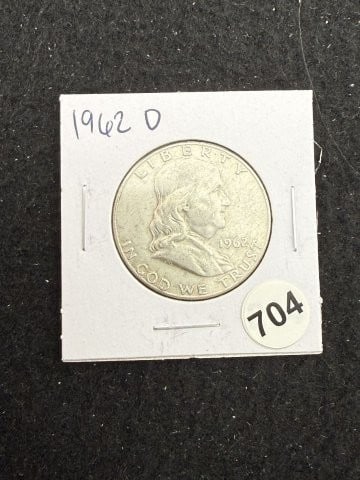 1962 D Franklin Half Dollar Silver Coin: KEY WORDS: INDIAN ARTIFACT ARTIFACTS ARROWHEAD ARROWHEADS NATIVE AMERICAN MISSISSIPPIAN QUAPAW CADDO POTTERY COINS MORGAN DOLLAR PEACE DOLLAR SILVER COINS. All coins have been Sigma tested for