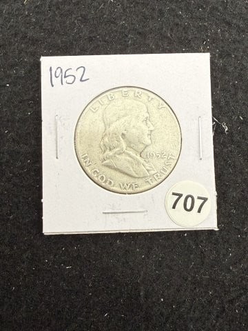 1952 Franklin Half Dollar Silver Coin: KEY WORDS: INDIAN ARTIFACT ARTIFACTS ARROWHEAD ARROWHEADS NATIVE AMERICAN MISSISSIPPIAN QUAPAW CADDO POTTERY COINS MORGAN DOLLAR PEACE DOLLAR SILVER COINS. All coins have been Sigma tested for authent
