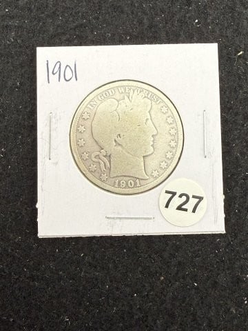 1901 Barber Half Dollar Silver Coin: KEY WORDS: INDIAN ARTIFACT ARTIFACTS ARROWHEAD ARROWHEADS NATIVE AMERICAN MISSISSIPPIAN QUAPAW CADDO POTTERY COINS MORGAN DOLLAR PEACE DOLLAR SILVER COINS. All coins have been Sigma tested for