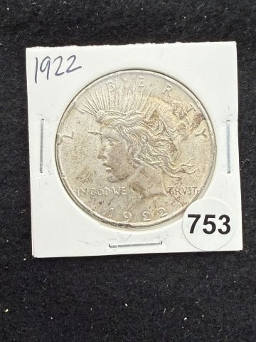 1922 Peace Silver Dollar Coin: KEY WORDS: INDIAN ARTIFACT ARTIFACTS ARROWHEAD ARROWHEADS NATIVE AMERICAN MISSISSIPPIAN QUAPAW CADDO POTTERY COINS MORGAN DOLLAR PEACE DOLLAR SILVER COINS. All coins have been Sigma tested for authent
