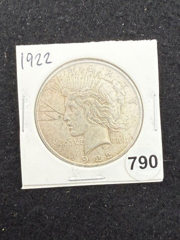 1922 Peace Silver Dollar Coin: KEY WORDS: INDIAN ARTIFACT ARTIFACTS ARROWHEAD ARROWHEADS NATIVE AMERICAN MISSISSIPPIAN QUAPAW CADDO POTTERY COINS MORGAN DOLLAR PEACE DOLLAR SILVER COINS. All coins have been Sigma tested for