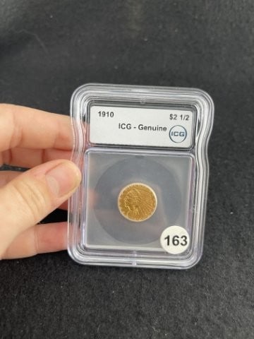 1910 ICG - Genuine 2 &1/2 Dollar Gold Coin: KEY WORDS: INDIAN ARTIFACT ARTIFACTS ARROWHEAD ARROWHEADS NATIVE AMERICAN MISSISSIPPIAN QUAPAW CADDO POTTERY COINS MORGAN DOLLAR PEACE DOLLAR SILVER COINS. All coins have been Sigma tested for