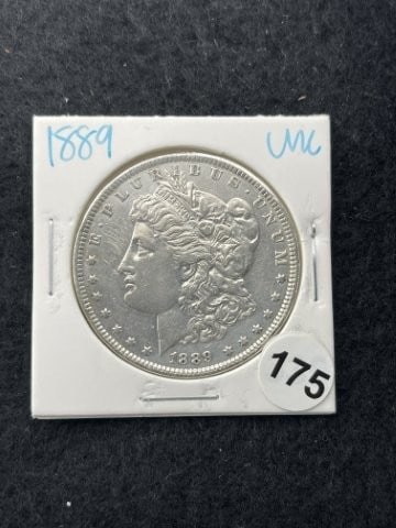1889 UNC Morgan Silver Dollar Coin: KEY WORDS: INDIAN ARTIFACT ARTIFACTS ARROWHEAD ARROWHEADS NATIVE AMERICAN MISSISSIPPIAN QUAPAW CADDO POTTERY COINS MORGAN DOLLAR PEACE DOLLAR SILVER COINS. All coins have been Sigma tested for
