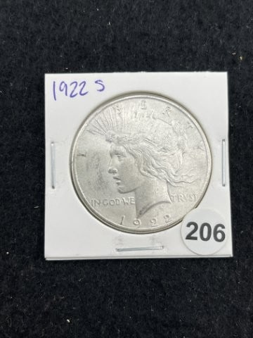 1922 S Peace Silver Dollar Coin: KEY WORDS: INDIAN ARTIFACT ARTIFACTS ARROWHEAD ARROWHEADS NATIVE AMERICAN MISSISSIPPIAN QUAPAW CADDO POTTERY COINS MORGAN DOLLAR PEACE DOLLAR SILVER COINS. All coins have been Sigma tested for authent