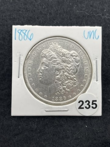 1886 UNC Morgan Silver Dollar Coin: KEY WORDS: INDIAN ARTIFACT ARTIFACTS ARROWHEAD ARROWHEADS NATIVE AMERICAN MISSISSIPPIAN QUAPAW CADDO POTTERY COINS MORGAN DOLLAR PEACE DOLLAR SILVER COINS. All coins have been Sigma tested for authent