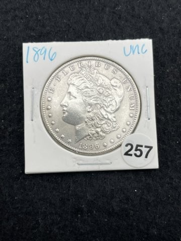 1896 UNC Morgan Silver Dollar Coin: KEY WORDS: INDIAN ARTIFACT ARTIFACTS ARROWHEAD ARROWHEADS NATIVE AMERICAN MISSISSIPPIAN QUAPAW CADDO POTTERY COINS MORGAN DOLLAR PEACE DOLLAR SILVER COINS. All coins have been Sigma tested for