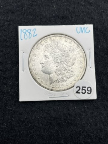 1882 UNC Morgan Silver Dollar Coin: KEY WORDS: INDIAN ARTIFACT ARTIFACTS ARROWHEAD ARROWHEADS NATIVE AMERICAN MISSISSIPPIAN QUAPAW CADDO POTTERY COINS MORGAN DOLLAR PEACE DOLLAR SILVER COINS. All coins have been Sigma tested for