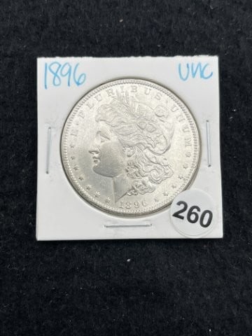 1896 UNC Morgan Silver Dollar Coin: KEY WORDS: INDIAN ARTIFACT ARTIFACTS ARROWHEAD ARROWHEADS NATIVE AMERICAN MISSISSIPPIAN QUAPAW CADDO POTTERY COINS MORGAN DOLLAR PEACE DOLLAR SILVER COINS. All coins have been Sigma tested for