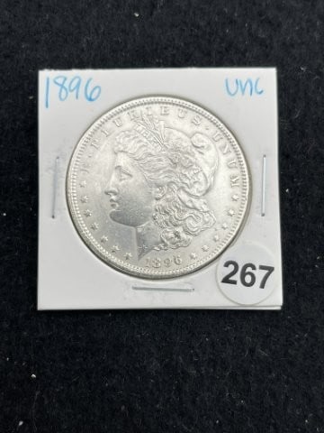 1896 UNC Morgan Silver Dollar Coin: KEY WORDS: INDIAN ARTIFACT ARTIFACTS ARROWHEAD ARROWHEADS NATIVE AMERICAN MISSISSIPPIAN QUAPAW CADDO POTTERY COINS MORGAN DOLLAR PEACE DOLLAR SILVER COINS. All coins have been Sigma tested for authent