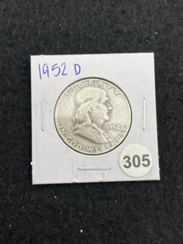 1952 D Franklin Half Dollar Silver Coin: KEY WORDS: INDIAN ARTIFACT ARTIFACTS ARROWHEAD ARROWHEADS NATIVE AMERICAN MISSISSIPPIAN QUAPAW CADDO POTTERY COINS MORGAN DOLLAR PEACE DOLLAR SILVER COINS. All coins have been Sigma tested for authent