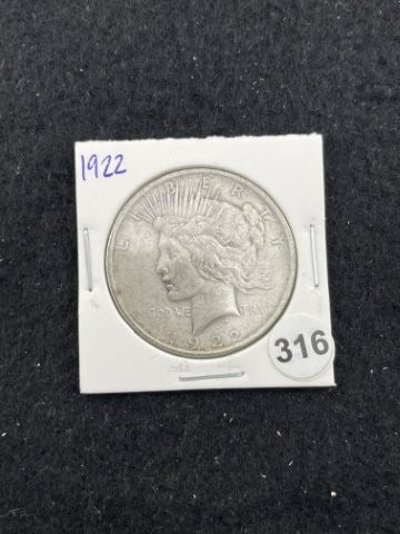 1922 Peace Silver Dollar Coin: KEY WORDS: INDIAN ARTIFACT ARTIFACTS ARROWHEAD ARROWHEADS NATIVE AMERICAN MISSISSIPPIAN QUAPAW CADDO POTTERY COINS MORGAN DOLLAR PEACE DOLLAR SILVER COINS. All coins have been Sigma tested for authent