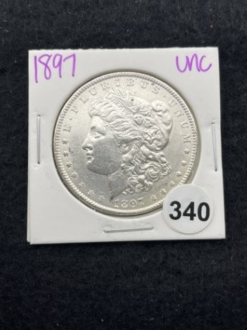 1897 UNC Morgan Silver Dollar Coin: KEY WORDS: INDIAN ARTIFACT ARTIFACTS ARROWHEAD ARROWHEADS NATIVE AMERICAN MISSISSIPPIAN QUAPAW CADDO POTTERY COINS MORGAN DOLLAR PEACE DOLLAR SILVER COINS. All coins have been Sigma tested for authent
