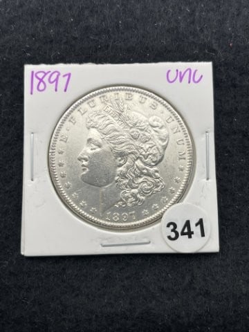 1897 UNC Morgan Silver Dollar Coin: KEY WORDS: INDIAN ARTIFACT ARTIFACTS ARROWHEAD ARROWHEADS NATIVE AMERICAN MISSISSIPPIAN QUAPAW CADDO POTTERY COINS MORGAN DOLLAR PEACE DOLLAR SILVER COINS. All coins have been Sigma tested for authent