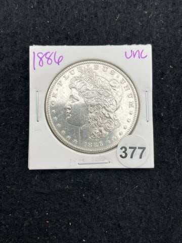 1886 UNC Morgan Silver Dollar Coin: KEY WORDS: INDIAN ARTIFACT ARTIFACTS ARROWHEAD ARROWHEADS NATIVE AMERICAN MISSISSIPPIAN QUAPAW CADDO POTTERY COINS MORGAN DOLLAR PEACE DOLLAR SILVER COINS. All coins have been Sigma tested for authent