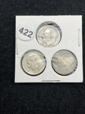 3 Silver Dimes: KEY WORDS: INDIAN ARTIFACT ARTIFACTS ARROWHEAD ARROWHEADS NATIVE AMERICAN MISSISSIPPIAN QUAPAW CADDO POTTERY COINS MORGAN DOLLAR PEACE DOLLAR SILVER COINS. All coins have been Sigma tested for authent