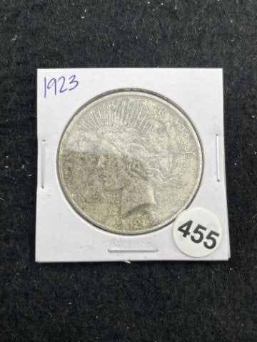 1923 Peace Silver Dollar Coin: KEY WORDS: INDIAN ARTIFACT ARTIFACTS ARROWHEAD ARROWHEADS NATIVE AMERICAN MISSISSIPPIAN QUAPAW CADDO POTTERY COINS MORGAN DOLLAR PEACE DOLLAR SILVER COINS. All coins have been Sigma tested for authent