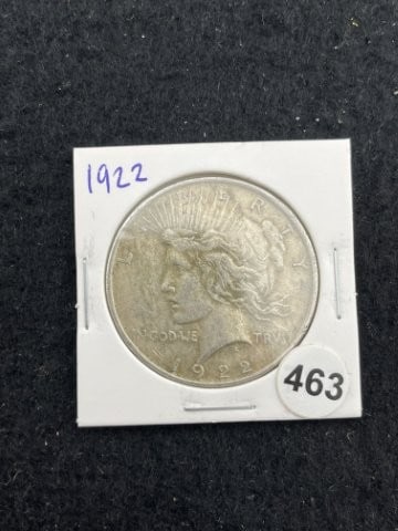 1922 Peace Silver Dollar Coin: KEY WORDS: INDIAN ARTIFACT ARTIFACTS ARROWHEAD ARROWHEADS NATIVE AMERICAN MISSISSIPPIAN QUAPAW CADDO POTTERY COINS MORGAN DOLLAR PEACE DOLLAR SILVER COINS. All coins have been Sigma tested for