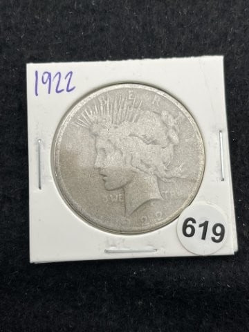 1922 Peace Silver Dollar Coin: KEY WORDS: INDIAN ARTIFACT ARTIFACTS ARROWHEAD ARROWHEADS NATIVE AMERICAN MISSISSIPPIAN QUAPAW CADDO POTTERY COINS MORGAN DOLLAR PEACE DOLLAR SILVER COINS. All coins have been Sigma tested for authent