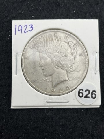 1923 Peace Silver Dollar Coin: KEY WORDS: INDIAN ARTIFACT ARTIFACTS ARROWHEAD ARROWHEADS NATIVE AMERICAN MISSISSIPPIAN QUAPAW CADDO POTTERY COINS MORGAN DOLLAR PEACE DOLLAR SILVER COINS. All coins have been Sigma tested for authent