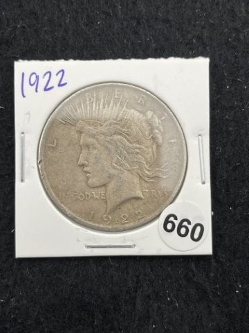 1922 Peace Silver Dollar Coin: KEY WORDS: INDIAN ARTIFACT ARTIFACTS ARROWHEAD ARROWHEADS NATIVE AMERICAN MISSISSIPPIAN QUAPAW CADDO POTTERY COINS MORGAN DOLLAR PEACE DOLLAR SILVER COINS. All coins have been Sigma tested for authent