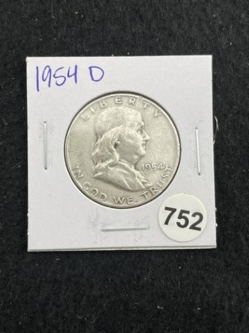 1954 D Franklin Half Dollar Silver Coin: KEY WORDS: INDIAN ARTIFACT ARTIFACTS ARROWHEAD ARROWHEADS NATIVE AMERICAN MISSISSIPPIAN QUAPAW CADDO POTTERY COINS MORGAN DOLLAR PEACE DOLLAR SILVER COINS. All coins have been Sigma tested for authent
