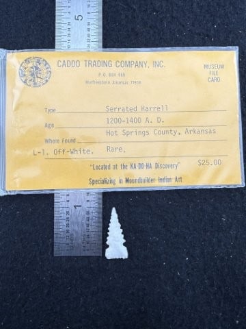 Serrated Harrell with Caddo Trading Co. Museum Card: KEY WORDS: INDIAN ARTIFACT ARTIFACTS ARROWHEAD ARROWHEADS NATIVE AMERICAN MISSISSIPPIAN QUAPAW CADDO POTTERY COINS MORGAN DOLLAR PEACE DOLLAR SILVER COINS. All coins have been Sigma tested for authent
