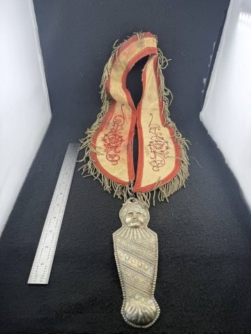 Hudson Bay Style Pendant with Presentation Collar: KEY WORDS: INDIAN ARTIFACT ARTIFACTS ARROWHEAD ARROWHEADS NATIVE AMERICAN MISSISSIPPIAN QUAPAW CADDO POTTERY COINS MORGAN DOLLAR PEACE DOLLAR SILVER COINS. All coins have been Sigma tested for