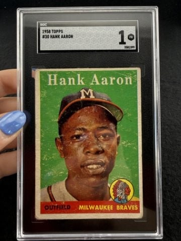 1958 Topps Hank Aaron Baseball Card: KEY WORDS: INDIAN ARTIFACT ARTIFACTS ARROWHEAD ARROWHEADS NATIVE AMERICAN MISSISSIPPIAN QUAPAW CADDO POTTERY COINS MORGAN DOLLAR PEACE DOLLAR SILVER COINS. All coins have been Sigma tested for authent