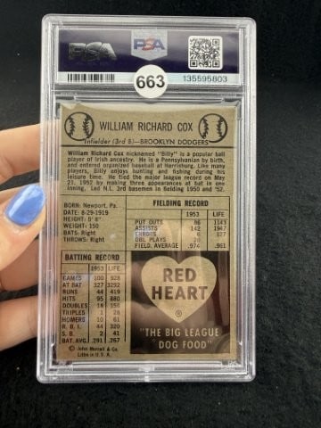 1954 Red Heart Billy Cox Baseball Card - 2