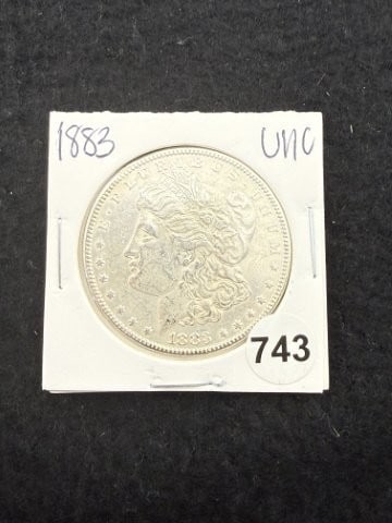 1883 UNC Morgan Silver Dollar Coin: KEY WORDS: INDIAN ARTIFACT ARTIFACTS ARROWHEAD ARROWHEADS NATIVE AMERICAN MISSISSIPPIAN QUAPAW CADDO POTTERY COINS MORGAN DOLLAR PEACE DOLLAR SILVER COINS. All coins have been Sigma tested for authent