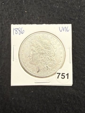 1886 UNC Morgan Silver Dollar Coin: KEY WORDS: INDIAN ARTIFACT ARTIFACTS ARROWHEAD ARROWHEADS NATIVE AMERICAN MISSISSIPPIAN QUAPAW CADDO POTTERY COINS MORGAN DOLLAR PEACE DOLLAR SILVER COINS. All coins have been Sigma tested for authent
