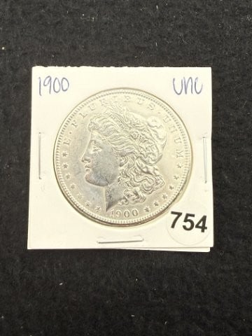 1900 UNC Morgan Silver Dollar Coin: KEY WORDS: INDIAN ARTIFACT ARTIFACTS ARROWHEAD ARROWHEADS NATIVE AMERICAN MISSISSIPPIAN QUAPAW CADDO POTTERY COINS MORGAN DOLLAR PEACE DOLLAR SILVER COINS. All coins have been Sigma tested for authent