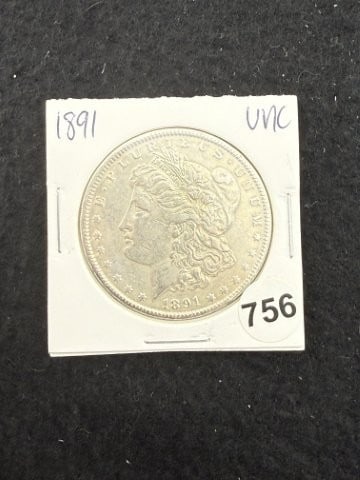 1891 UNC Morgan Silver Dollar Coin: KEY WORDS: INDIAN ARTIFACT ARTIFACTS ARROWHEAD ARROWHEADS NATIVE AMERICAN MISSISSIPPIAN QUAPAW CADDO POTTERY COINS MORGAN DOLLAR PEACE DOLLAR SILVER COINS. All coins have been Sigma tested for authent